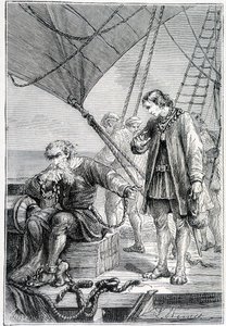 Colombo preso como um vilão (no convés do navio), doente. "Discovery de la Terre" de Jules Verne, ed. Hetzel, n.d. 19. de French School
