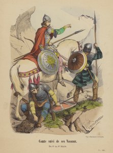 Contagem seguida dos seus Vassalos, do século VIII ao IX (gravura a cores) de French School