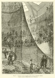 Fazendo a rede do balão de vapor cativo de M. Henri Giffard, Corderie centrale de MM Fretet et Ce, em Vincennes (gravura) de French School