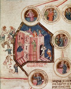 Canteiro de obras da Torre de Babel na Babilónia Página extraída do manuscrito "Genealogia da Bíblia" da escola francesa. Século XIV Cremone, biblioteca governativa de French School
