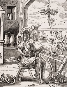 Coppersmith, reprodução de uma xilogravura por Jost Amman (1539-91) de &39;Le Moyen Age et La Renaissance&39; por Paul Lacroix (1806-84) publicou 1847 (lito) de French School