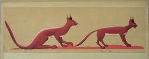 Cópia de uma pintura de parede antiga egípcia original retratando dois gatos selvagens