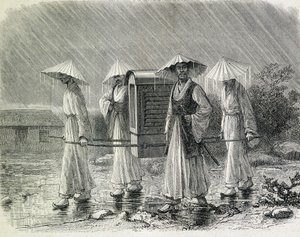 Coreanos vestidos num palanquim (fato de chuva dos coreanos) transportando uma cadeira. Ilustração retirada de "An expedition in Korea" de H. Zuber, antigo oficial da marinha (1866) - in "Tour du Monde". de French School