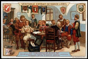 Corporações na Idade Média: uma deliberação do júri de açougueiros, curtidores, saboneteiros, sapateiros, sapateiros, luvas e barbeiros montados - vinheta publicitária Liébig, final do século XIX de French School