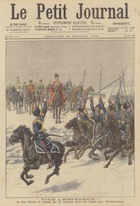 Cossacos aclamando o czar Nicolau II antes de partirem para o Extremo Oriente para combater os japoneses (litografia a cores) de French School