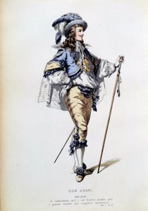 Traje para o personagem de Don Juan na cena 2 do Acto I da peça homónima de Jean Baptiste Poquelin dit Moliere (1622-1673). Gravura de Paris do século XIX, Comedie francaise de French School