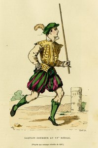 Traje de lacaio no século XV, encarregado de correr em frente à carruagem para libertar a estrada e anunciar a passagem de um nobre ou lorde. Gravura a cores, em "France et les francais a travers les centuries" de Augustin Challamel, F.Roy ed de French School
