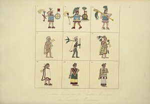Trajes Desenhados pelos Pintores Mexicanos do Tempo de Montezuma, ilustração de Vistas das Cordilheiras e Monumens dos Povos Indígenas da América por Alexander von Humboldt e Aime Bonpland, 1 de French School