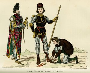 Fantasias do príncipe, dos seus ecus e do seu camareiro, no século XV. Gravura a cores, em "France et les francais a travers les centuries" de Augustin Challamel, editor de F.Roy, Paris 1882. Coleção Selva. de French School