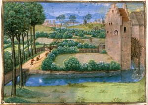 Cott Aug A V f.345v Paisagem flamenga com um moinho de água em primeiro plano e um moinho de vento ao fundo, da 