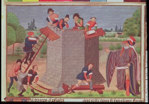 Cott Aug V fol.22 Edifício da Torre de Babel, miniatura de 