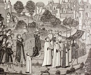 Conde Renier levando o corpo de Santa Verônica para a igreja de St. Waudru em Mons, de "A vida militar e religiosa na Idade Média" por Paul Lacroix, publicado em Londres c.1880 de French School