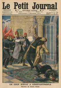 Golpe de Estado em Constantinopla, assassinato de Nazim Pasha, ilustração da capa do &39;Le Petit Journal&39;, suplemento ilustrativo, 9 de fevereiro de 1913