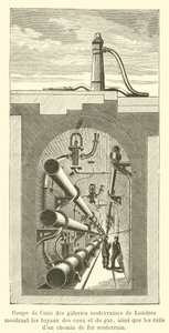 Corte transversal de um dos túneis subterrâneos de Londres mostrando tubos de água e gás (gravura) de French School