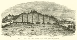 Corte transversal de uma colina atravessada por um túnel de gravura de French School