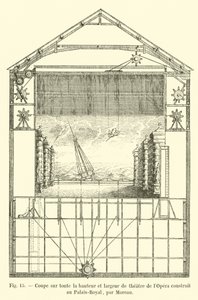Corte em toda a altura e largura da ópera construída no Palais Royal by Moreau de French School