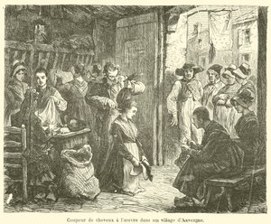 Cortador de cabelo a trabalhar numa aldeia de Auvergne (gravura) de French School