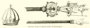 Coroa, Cetro e Mão de Justiça de Carlos Magno (gravura) de French School