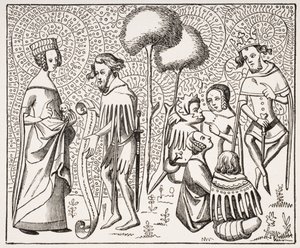 Corte do Amor na Provença, depois de um manuscrito do século XIV, de Le Moyen Age et La Renaissance, de Paul Lacroix (1806-84), publicado em 1847 de French School