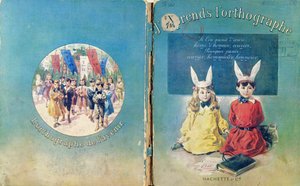Capa de ilustração e contra-capa de um livro escolar francês sobre a escrita, publicado pela Hachette em Paris, 1905