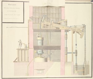 Seção transversal de uma máquina a vapor para extrair água das minas, c.1760 (caneta e tinta e wc no papel) de French School