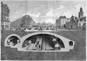 Troço transversal representando o projecto de metro em Paris, do Vilette aos salões centrais, em 1861. Gravura no "Le Monde Illustré" n°213 de 11 de Maio de 1861. de French School