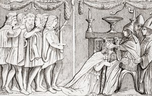 Coroação de Sigismundo como Sacro Imperador Romano pelo Papa Eugênio IV em 1433, da L Histoire Universelle Ancienne et Moderne, publicado em Estrasburgo c.1860 de French School