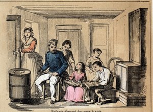 Descrição cultural e produtos de seda: crianças que criam bichos-da-seda. Placa "la soie" em "les Recreations instructives" Pintura sinóptica de Jules DELBRUCK, gravura a partir de 1860. Colecção privada. de French School