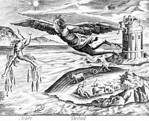 Dédalo escapando de Creta com seu filho, Ícaro, o vê caindo para a morte, 1619 de French School
