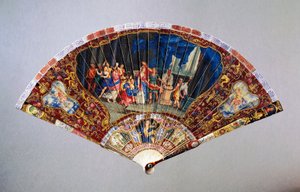 Vernis Martin danificado, ventilador de mão estilo Vernis Martin retratando Casamento de Nobreza, couro de cisne com pau de guarda em marfim pintado, altura 20,5 cm de French School