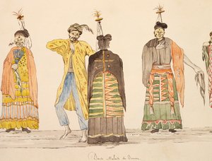 Dança indígena para Buru, Molucas, aguarela de Jules-Louis Lejeune, baseada na Voyage around world de French School