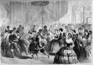 Dança: a grelha do patinador. Os dançarinos seguram uma fita cuja ponta está presa a uma planta de Maio no meio de um círculo. Cena na bola dada pelo Conde Walewski em 1861. Gravura em "Le Monde Illustré" n°202 de 23 de Fevereiro de 1861. de French School