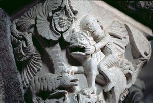 David Slaying the Lion (detalhe de uma capital) c.1130 (pedra) de French School
