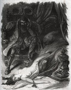 Morte de Françoise de Foix, Condessa de Chateaubriant (ca. 1495-1537), assassinada pelo seu marido Jean de Laval Comte de Chateaubriant (Laval-Chateaubriant) (1486-1543), que assim se vingou dos infiéis da sua mulher. Gravura de 1871 em "Histoire Des de French School