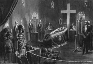 Morte de Napoleão III: os restos mortais de Napoleão III na capela ardente da Casa Cambden em 14 de Fevereiro de 1873. de French School