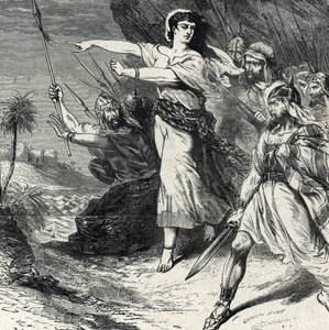 Débora leva o povo de Israel oprimido por Jabin, o rei de Canaã, a lutar. Gravura da "História Sagrada" da Colecção Privada do século XIX de Lahure de French School