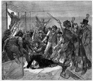 Os mineiros de Decazeville (Aveyron) atacam em 1886: o engenheiro Watrin foi assassinado pelos Grevists. Gravação em "Le Monde Illustré", 6 de Fevereiro de 1886. de French School