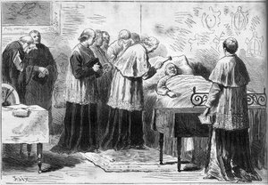 Dezenas do Papa Pio IX (Pio) (1792-1878): ritual de reconhecimento da morte do Papa. Um cardeal bate na testa do defunto com um martelo de prata. Gravura no "Le Monde Illustré" n°1089 de 16 de Fevereiro de 1878. de French School