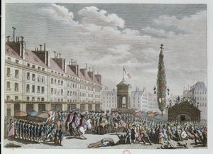 Declaração da Constituição, Place des Innocents, Paris, setembro de 1791, 1791 (gravura a cores) de French School