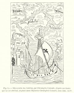 Descoberta das Índias Ocidentais, por Cristóvão Colombo; a partir de um desenho atribuído a ele, e colocado na Epistola Christofori Columbi, sem data, in-8o (gravura) de French School