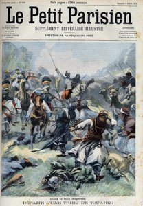 Derrotou uma tribo tuaregue contra os franceses no sul da Argélia, em "Le petit Parisien". de French School