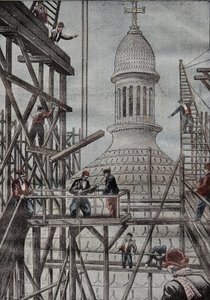 Demonstração de andaimes revelando o fim da construção da cúpula da Basílica de Montmartre. Gravura em "Le Pelerin" 17/12/1899. de French School