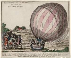 Descendência da Máquina Aerostática de Srs. Charles e Robert, pub. 1783 (gravura colorida à mão) de French School
