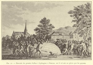 O primeiro balão de hidrogénio é rebaixado em Gonesse, onde é rasgado pelos agricultores (gravura) de French School