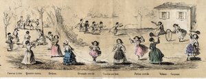Descrição dos passatempos e jogos infantis: jogos de meninas, jogo de quatro cantos, saltar à corda, correr para a baliza, aro e volante. Placa "les jeux de l