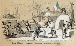 Descrição do lazer e brincadeira das crianças: jogos de inverno, patinação, trenó e construção de neve. Placa "les jeux de l