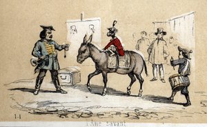 Descrição dos diferentes produtos e usos do burro: o burro aprendido é usado por artistas de circo. Placa "O burro e seus produtos" em "Les Recreations instructives" Pintura sinóptica de Jules DELBRUCK, gravada a partir de 1860. Coleção particular. de French School