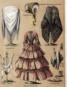 Descrição da cultura e dos produtos de seda: uma cal em crepe de chine, um casaco de veludo com rendas, mangas de seda e um vestido extravagante. Placa "la soie" em "les Recreations instructives" Pintura sinóptica de Jules DELBRUCK, gravada a partir de 186 de French School