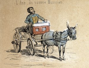 Descrição dos diferentes produtos e usos do burro: o animal acompanha o músico viajante Detalhe da tábua "O burro e seus produtos" em "as Recreações instrutivas" Pintura sinóptica de Jules DELBRUCK, gravada a partir de 1860. Privado de French School
