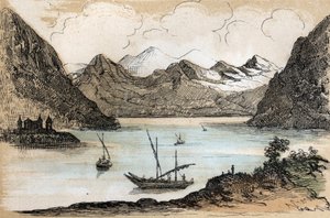 Descrição dos diferentes tipos de paisagens e relevos de acordo com a geografia: detalhe retratando o Lago de Genebra. Placa "Geografia Física" em "les Recreations instructives" Pintura sinóptica de Jules DELBRUCK, gravada a partir de 1860. Coleções partic de French School